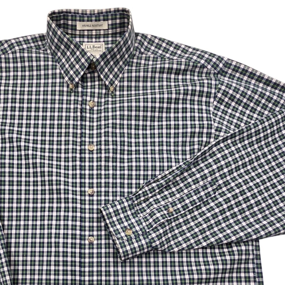 LL Bean Wrinkle Resistant Twill Button Down Shirt 0YP38 Green Plaid Mens Large R